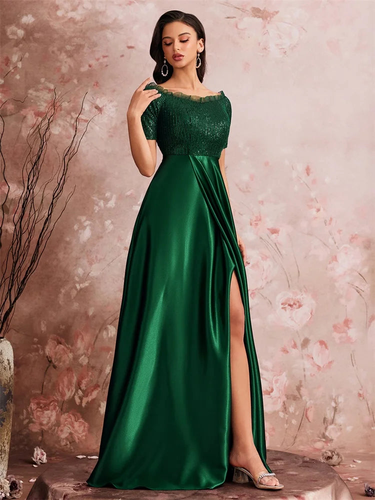 Memphis Luxury Green Satin V-Neck Party Floor Lenght Cocktail Dress