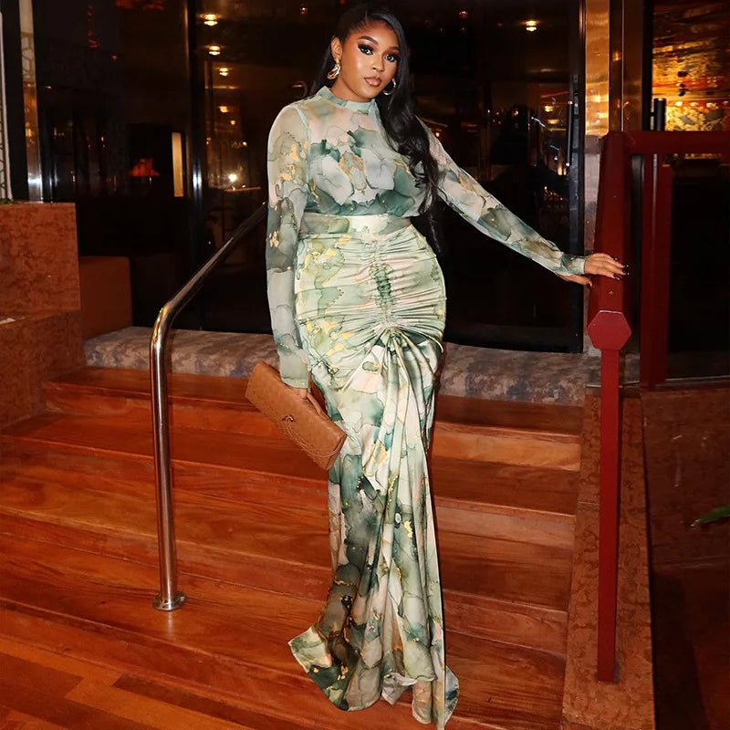 Long Sleeve Combo and Drawstring Ruched Maxi Long  Outfit Sets