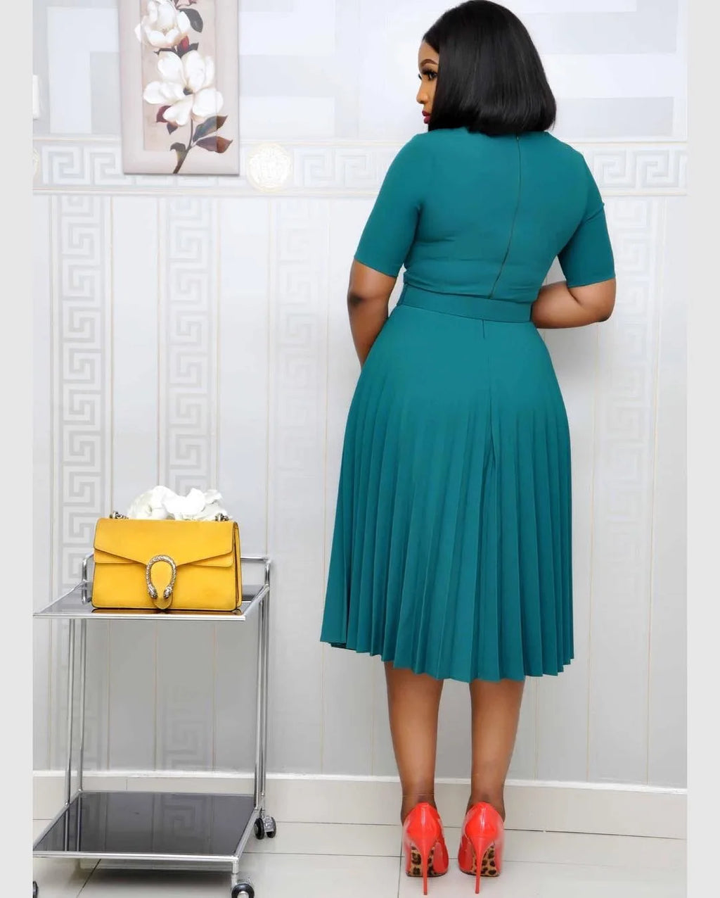 Cincinnati Plus Size Pleated Ladies O Neck Solid With Belt Mid-Calf Office Dress