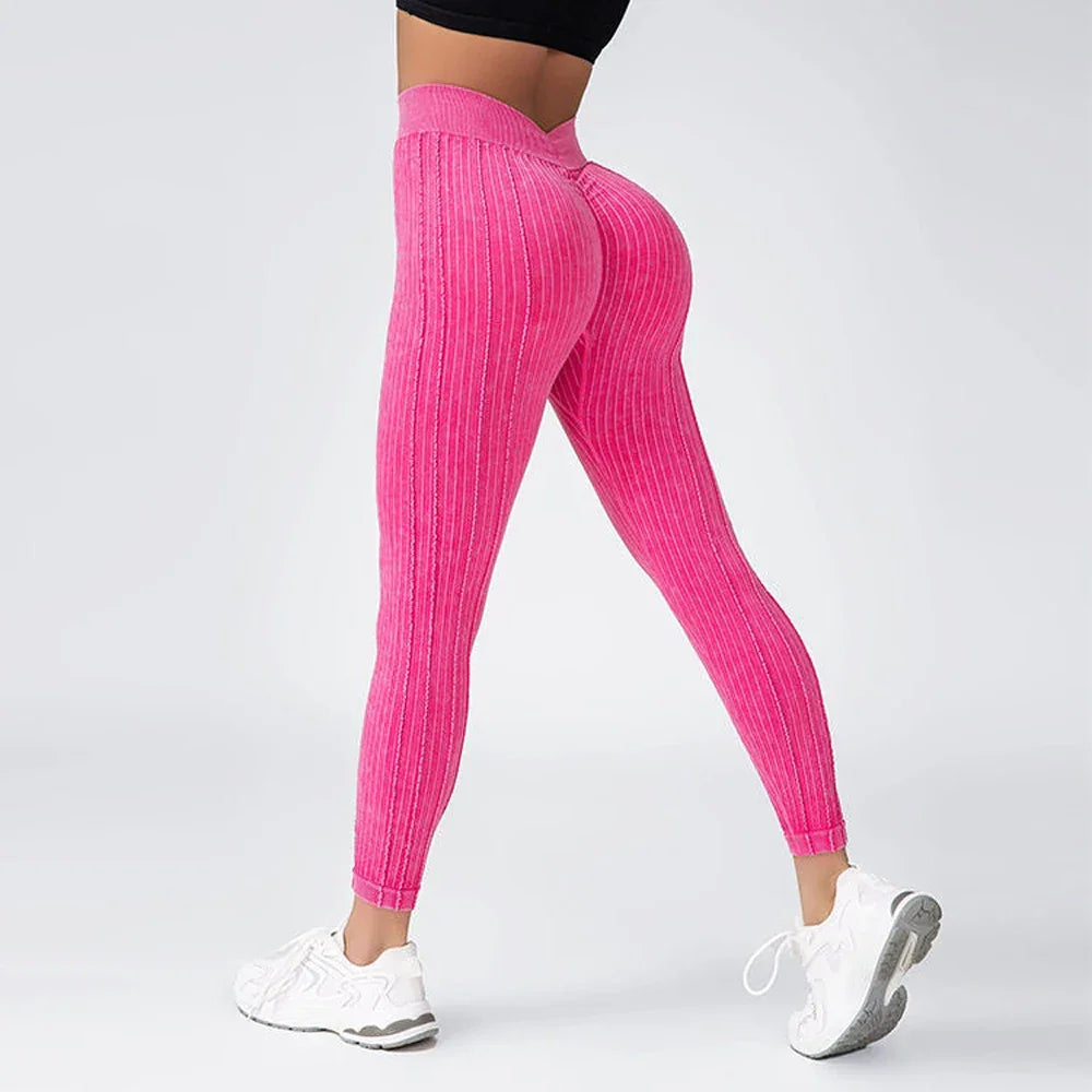 Andober Striped V Back Fashion Gym Outdoor Fitness Athletic Workout Elastic Leggings