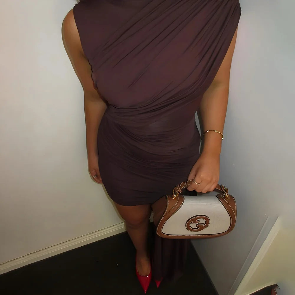 Aspen Knolls Ruched Sexy Solid Color Elegant Turtleneck Sleeveless Asymmetric Dress