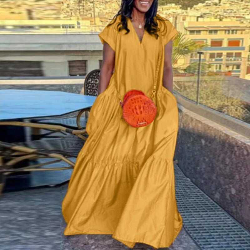 Plus Size Bohemian Sundress Solid Color Casual Short Sleeve Party Ruffled Dress