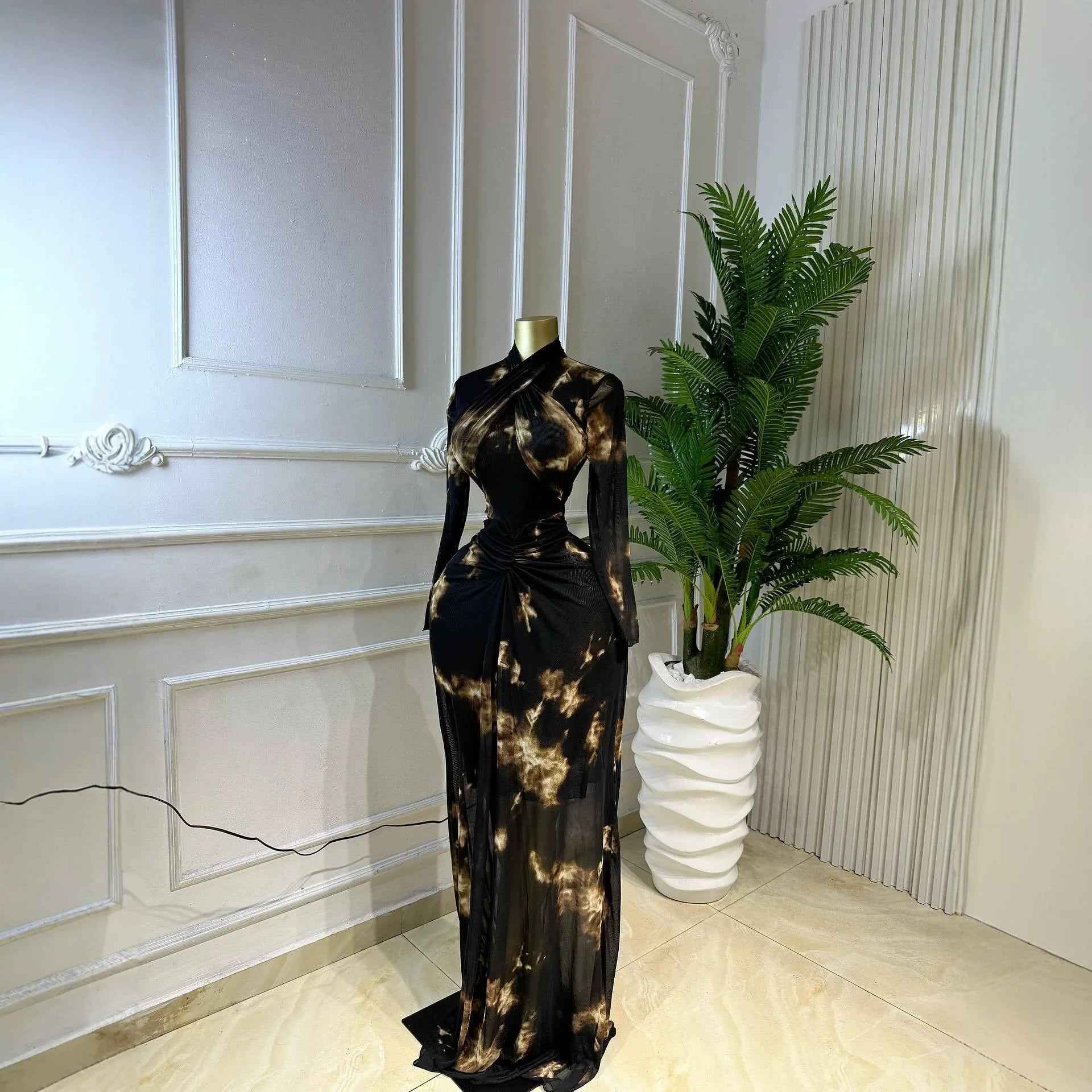 Streetwear Sexy Full Sleeve Hip Wrap Elegant Splice Party Night Maxi Dress