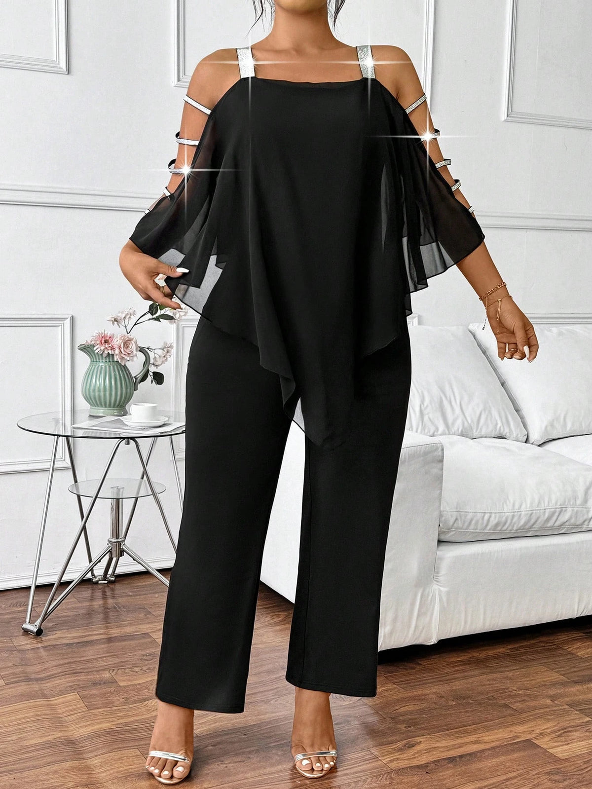 Plus Size Jumpsuit Women Cold Shoulder Chiffon Flare Sleeve Wide Leg Jumpsuit