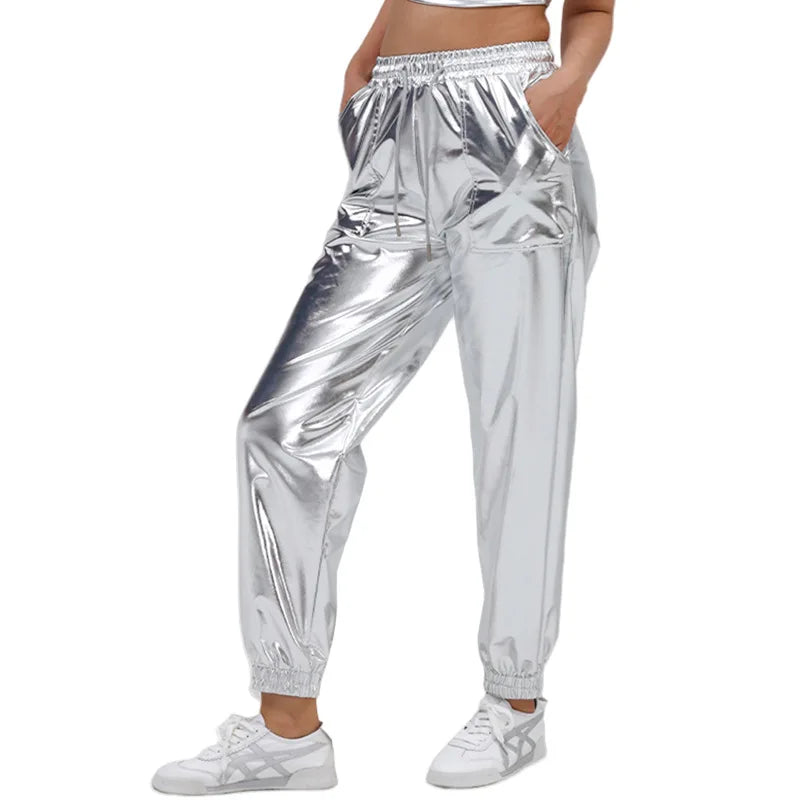 Turik Glossy Elastic Waist Drawstring Performance Trousers Pants
