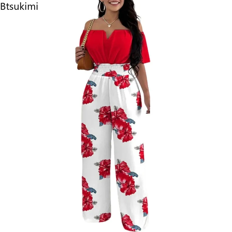 Jumpsuits for Women Summer Fashion Off Shoulder Casual Sleeve Wide Leg&nbsp; Sexy Slim Ladies