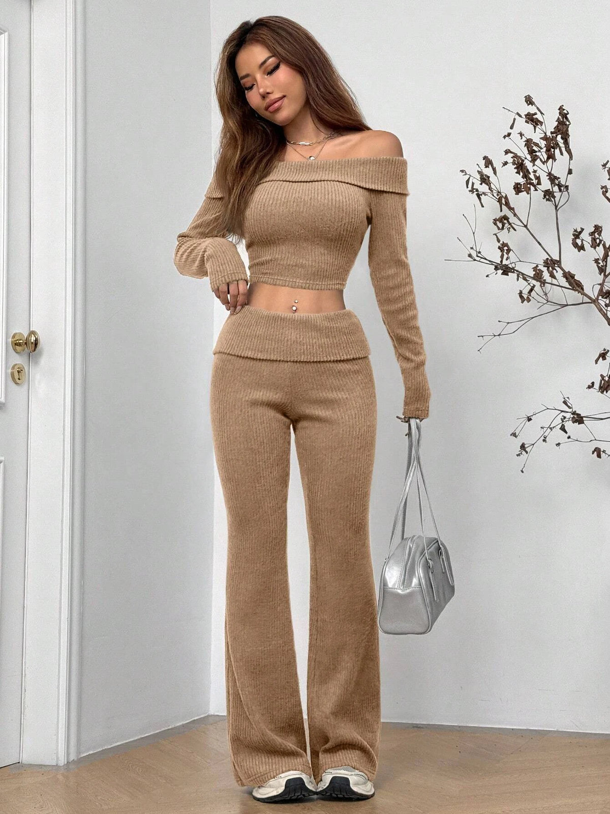 Carmen Off Shoulder Ribbed Outfit Two Piece Sets