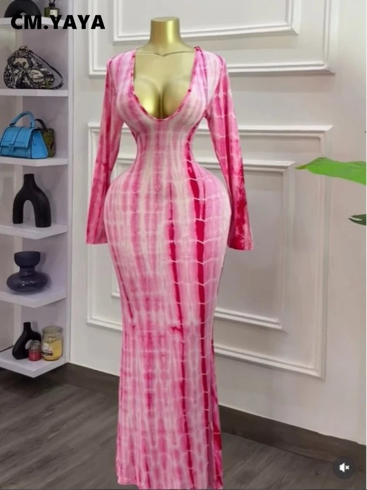 Tie Dye Printed V Neck Long Sleeve Bodycon Maxi Dress