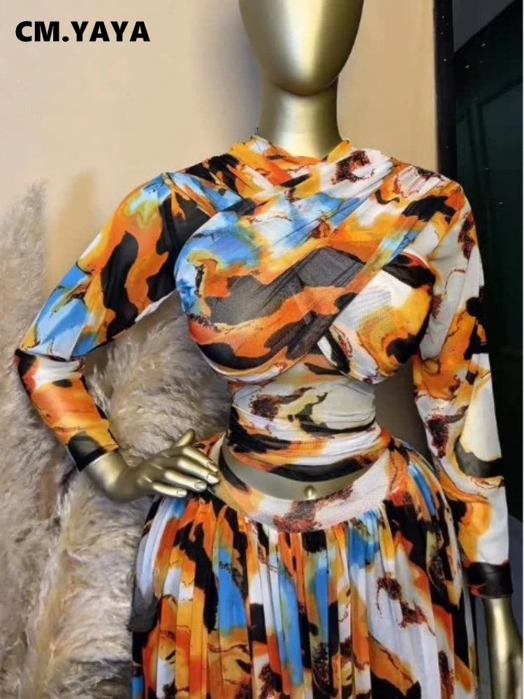Tie Dye Printed Women Set Long Sleeve Wrap Crop Irregular A-line S.kirt Set
