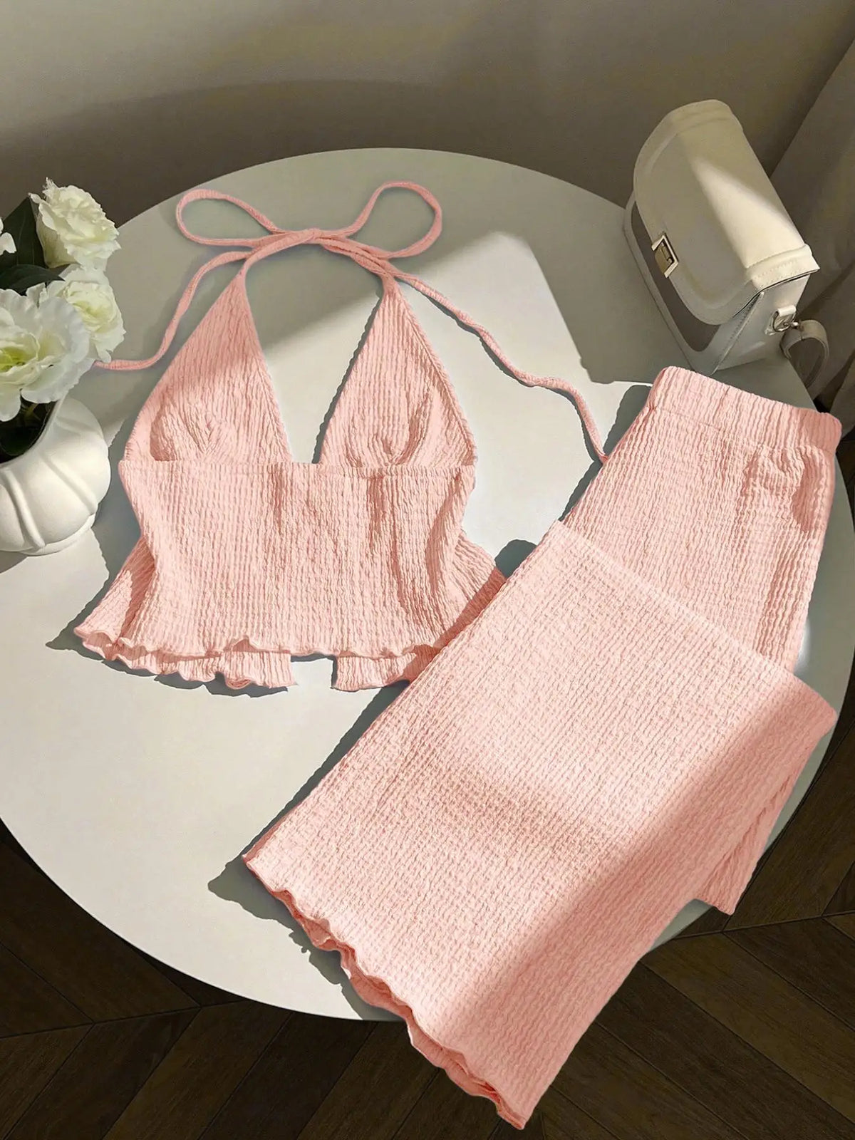 Rita Textured Neckline Deep V-Neck Two Piece Sets