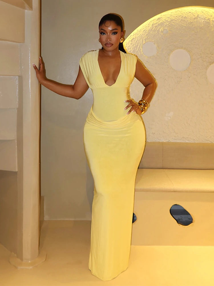 Elmora Sexy Ruched Bodycon Solid Sleeveless V-Neck Slim Long Maxi Dresses