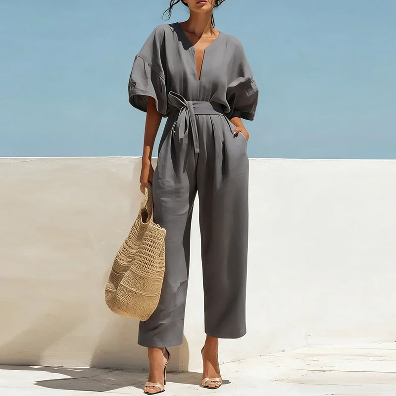 Summer Elegant Jumpsuit V Neck Lace Up High Waist Half Sleeve Long Pants Jumpsuits For Women Casual Loose Romper Playsuits