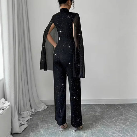 Manhattan Glitter Mock Neck Sheer Chiffon Cloak Sleeve Elegant Overalls Temperament Jumpsuit