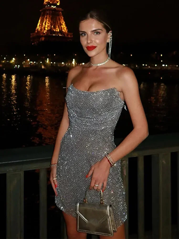 Lock Haven Strapless Shiny Rhinestone Sleeveless Backless High Waist Slim Mini Dress