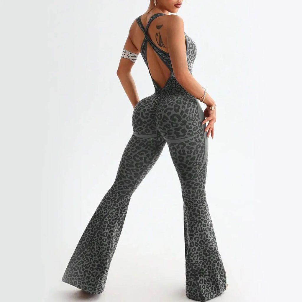 Reading Leopard Sportwear Sleeveless Backless Flare Jumpsuits