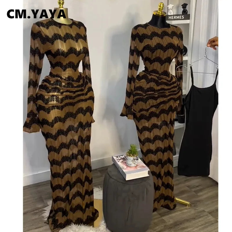Kansas City Flare Full Sleeve Wave Striped Ruched Stacked Bodycon Long Maxi Dress
