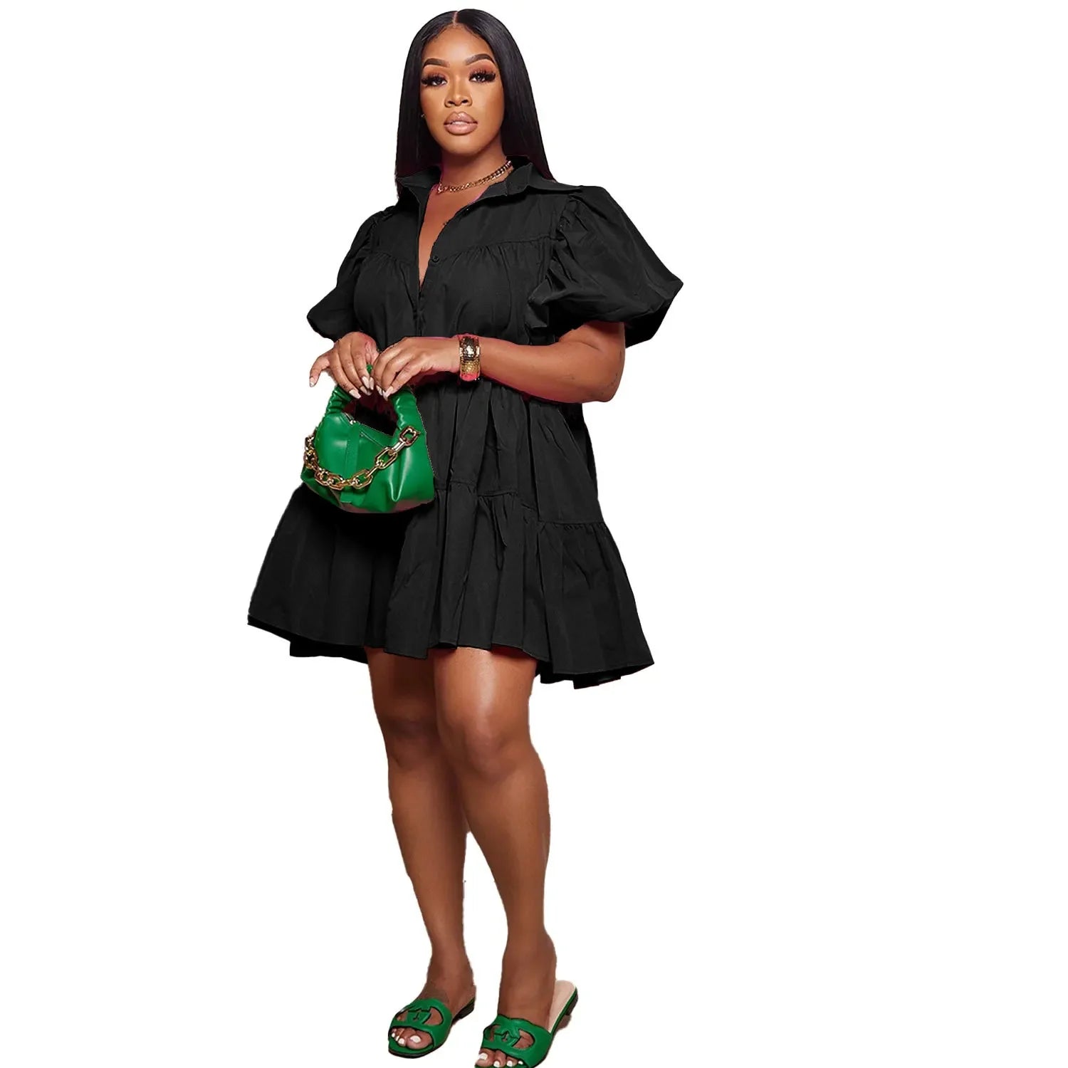 Secaucus Puff Sleeve Single Breasted Lapel Collar Babydoll Street White Big Swing Dress