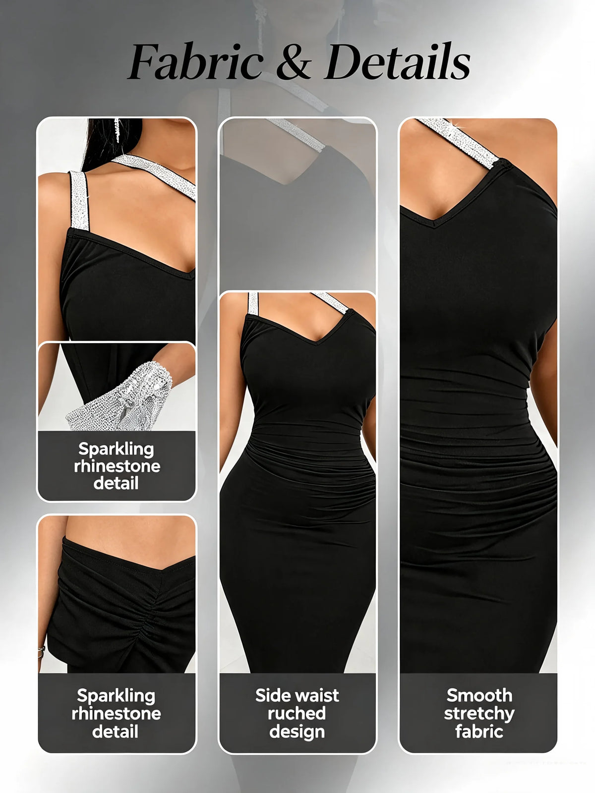 England Sparkly Strap One Shoulder Sleeveless Ruched Evening Midi Bodycon Dress