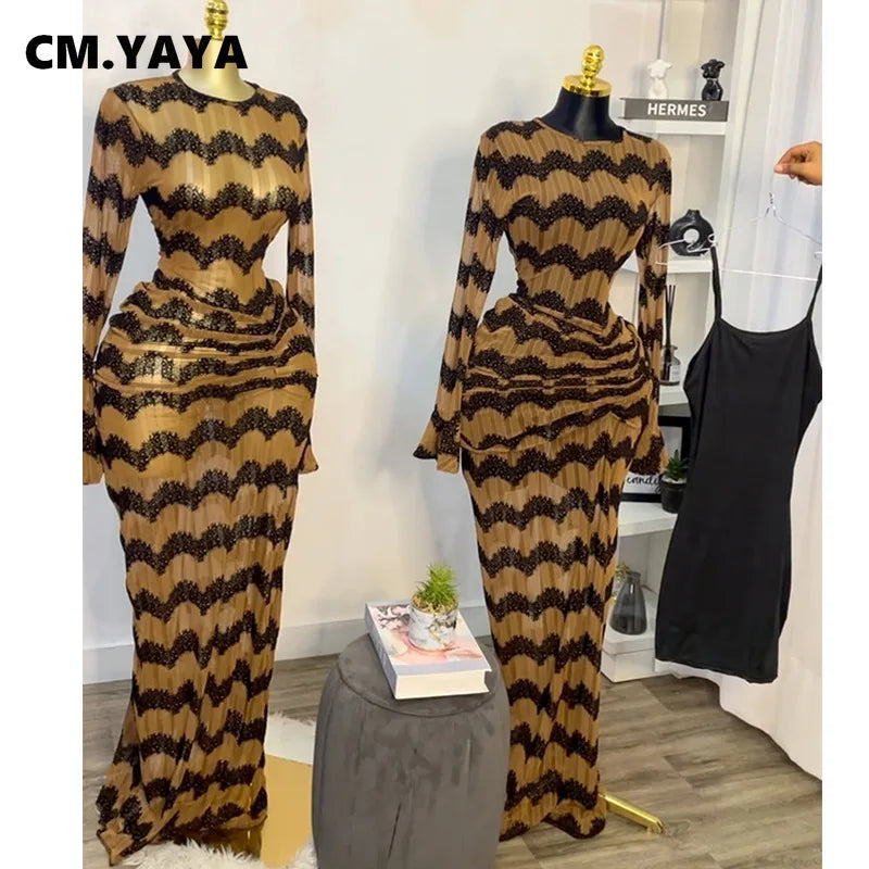 Kansas City Flare Full Sleeve Wave Striped Ruched Stacked Bodycon Long Maxi Dress