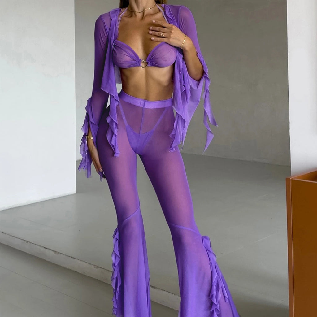 Iris Four Piece Solid Color Mesh Two Piece Sets