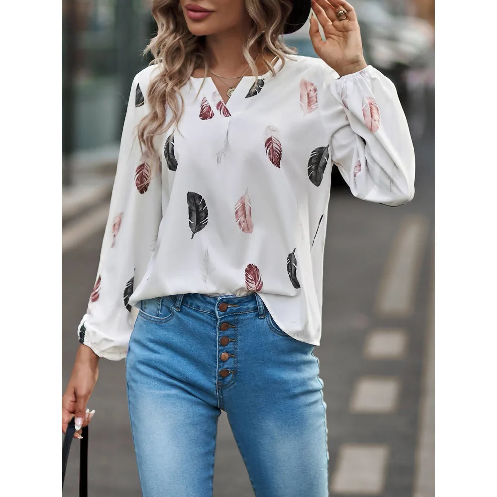 Jamesburg Casual T Shirt Fashion Feather Printed Long Sleeve V Neck Loose Blouses