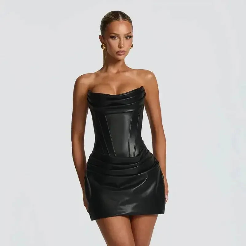 Ronkonkoma PU Pleated Sleeveless Strapless Pleated Party Dress