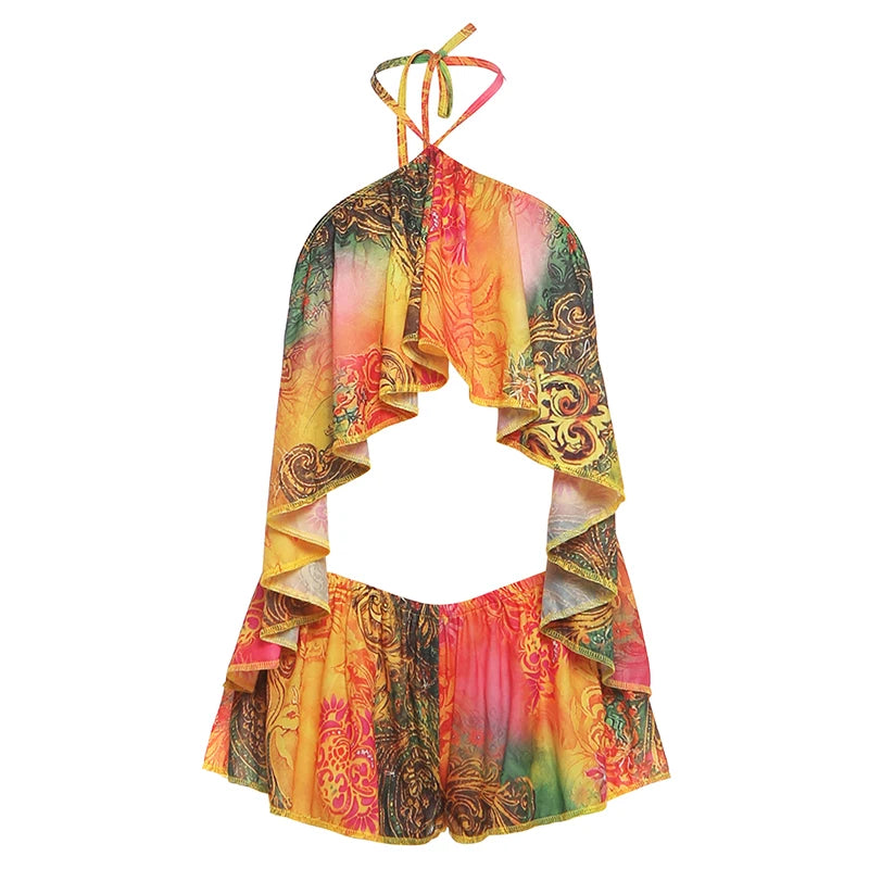 Kamil Colorful Print Trend Halter Two Piece Sets