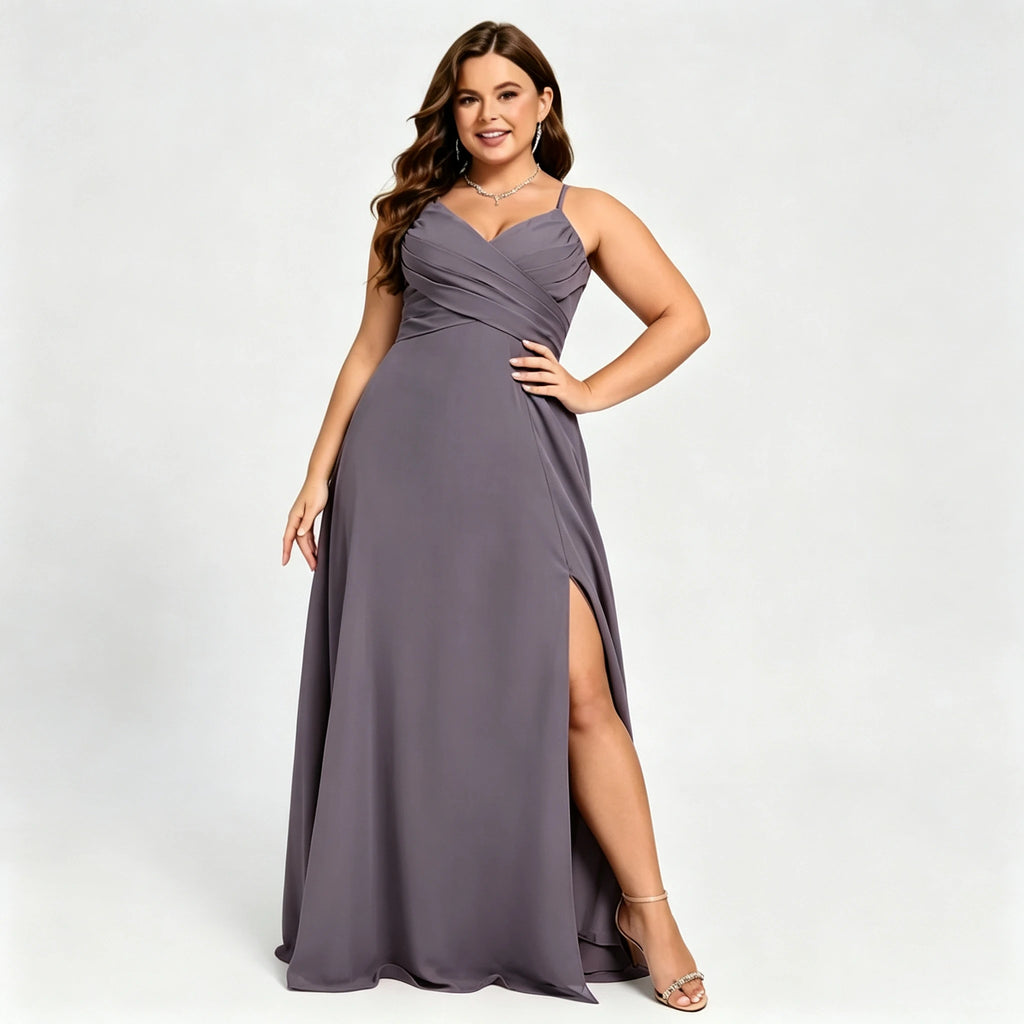Lawrence Plus Size Chiffon Bridesmaid Dress Dusty Rose Crisscross Back Slit Formal Gown