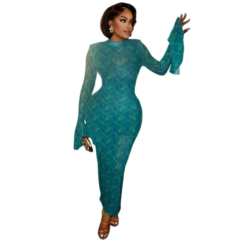 Retro Print O-Neck Long Flare Sleeve Shoulder Pad Waistband Hips Wrapped Long Dress