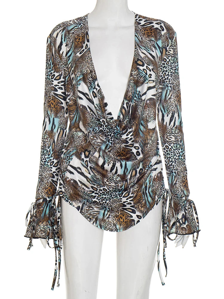 Chinatown Swing Collar Shirring Bell Sleeve Backless Sexy Stretch Leopard Print Suit