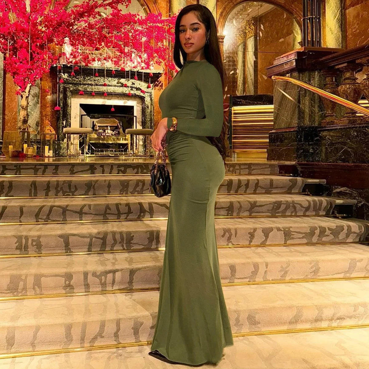 Shore Beach Solid Long Sleeve Draped Sexy Bodycon Maxi Party Dress