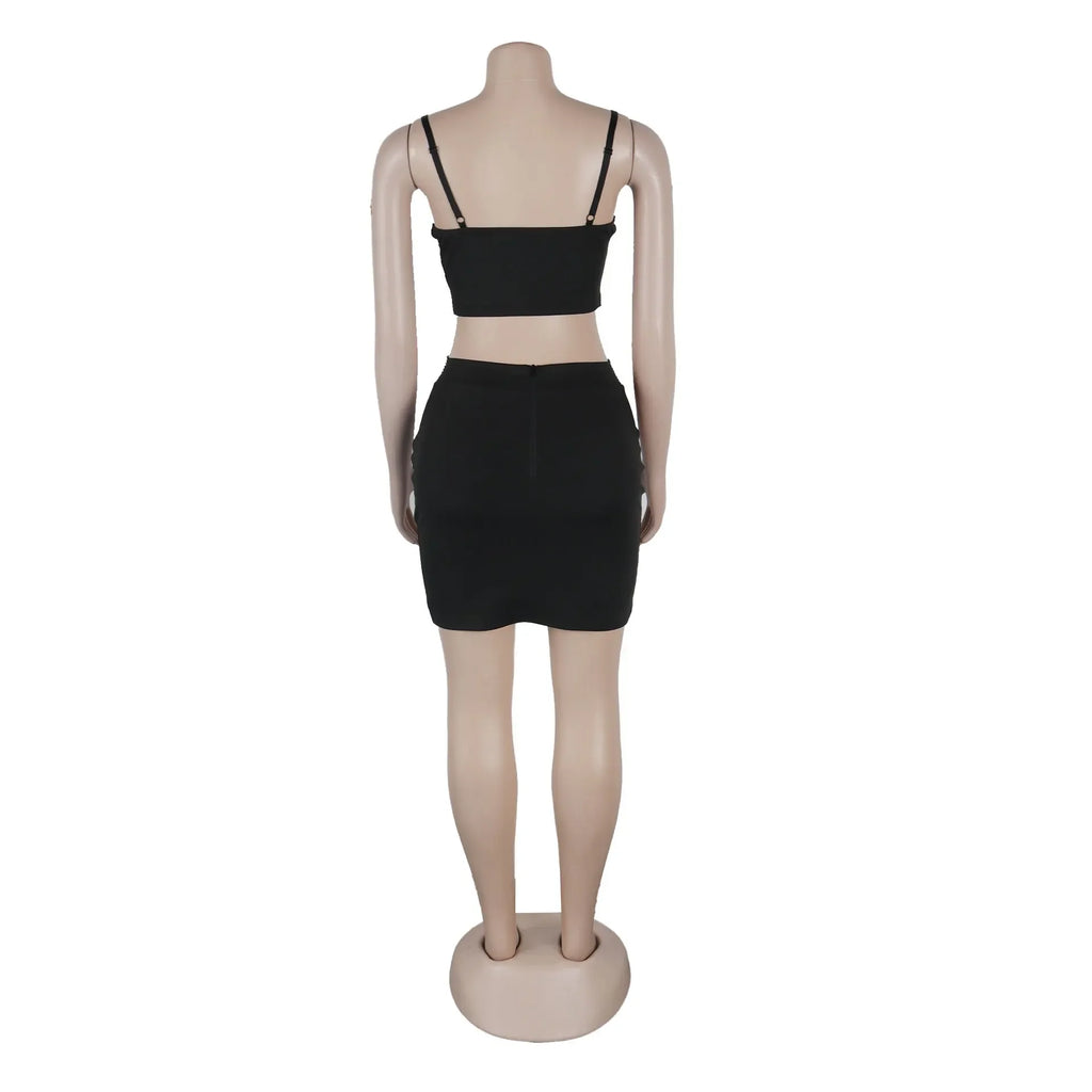 Quogue Black Rhinestone Crop Outfits Night Clubwear Matching Set