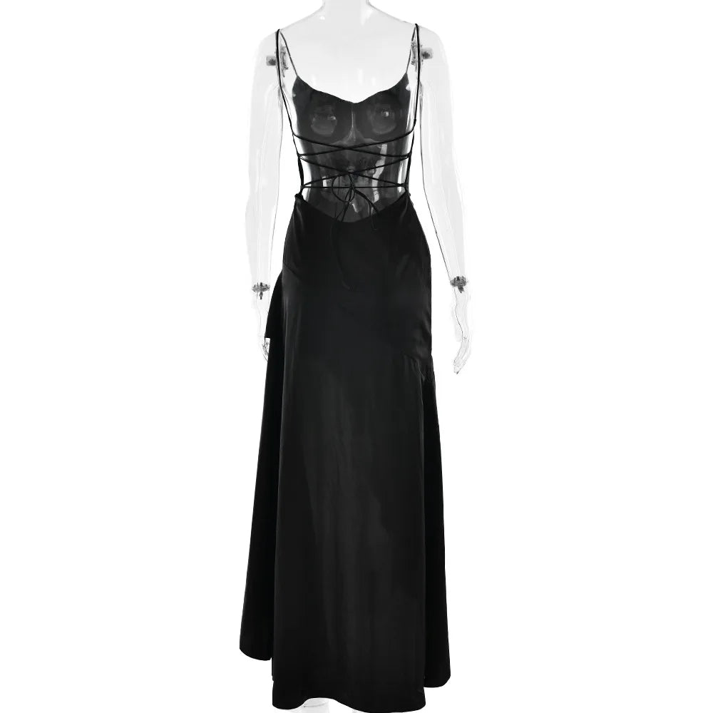 Stony Point Satin Long Dr with High Slit And Lace Trim Charming Dress