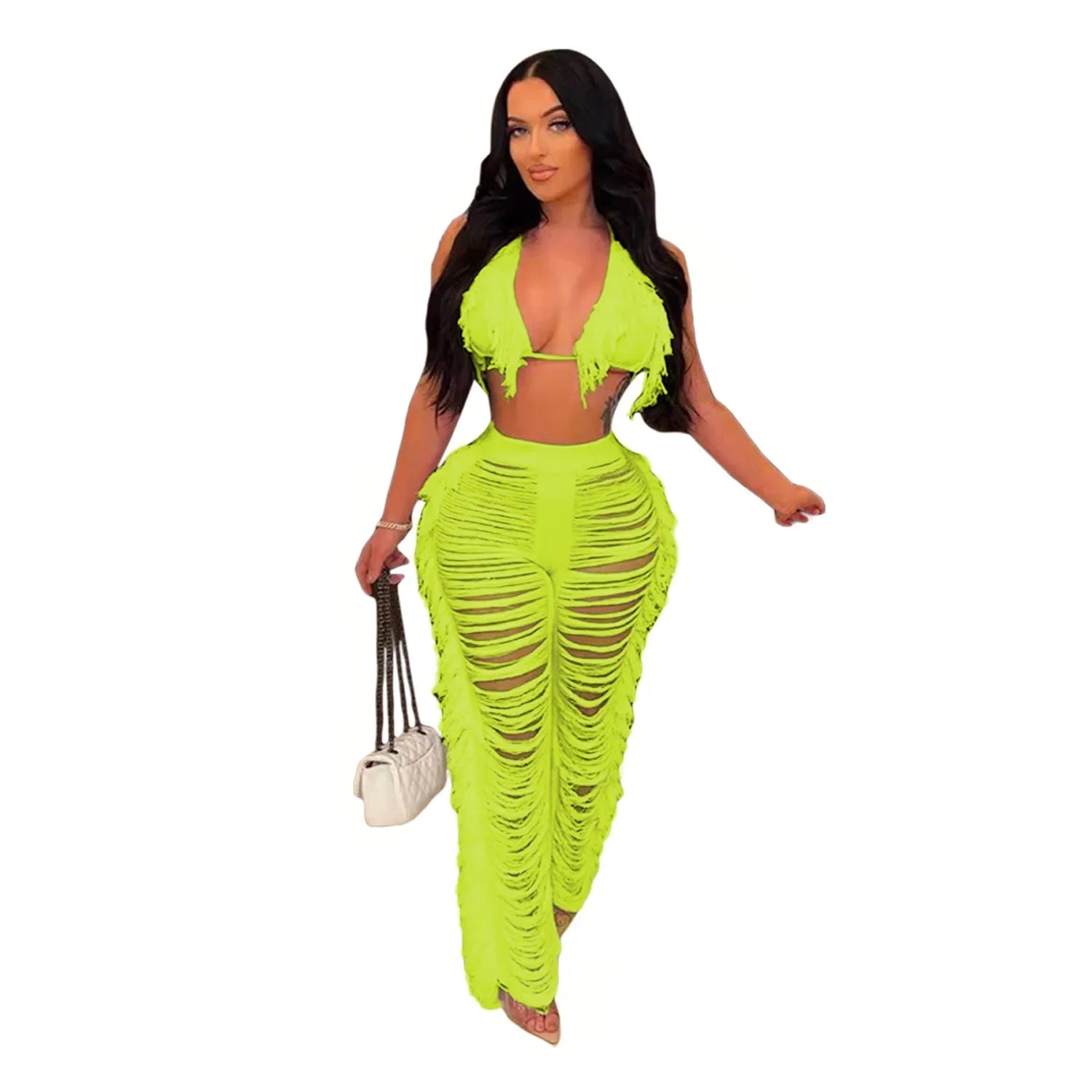 Maya Sexy Beach Tassel Crop Hole Wide Leg Two Piece Sets
