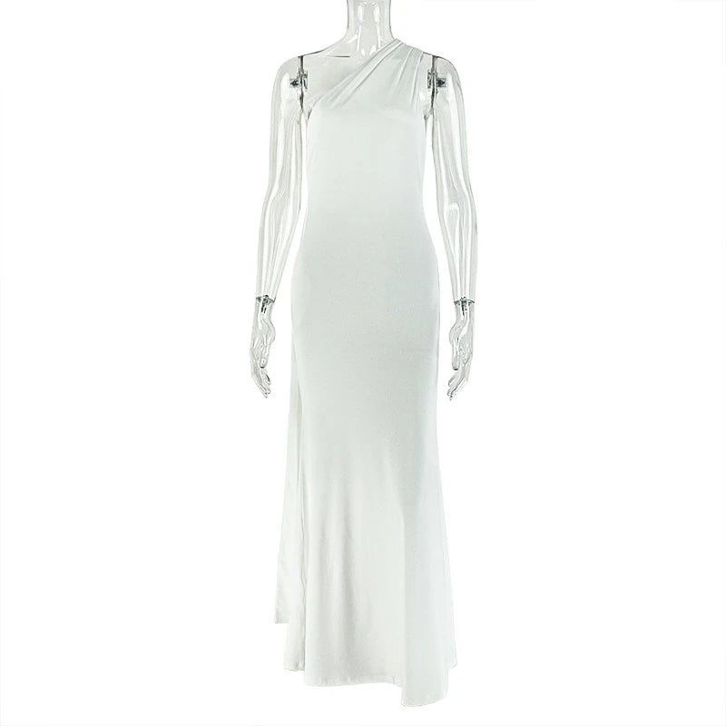 Pound Ridge Solid Diagonal Collar Sleeveless Open Back Bodycon Hollow Dress