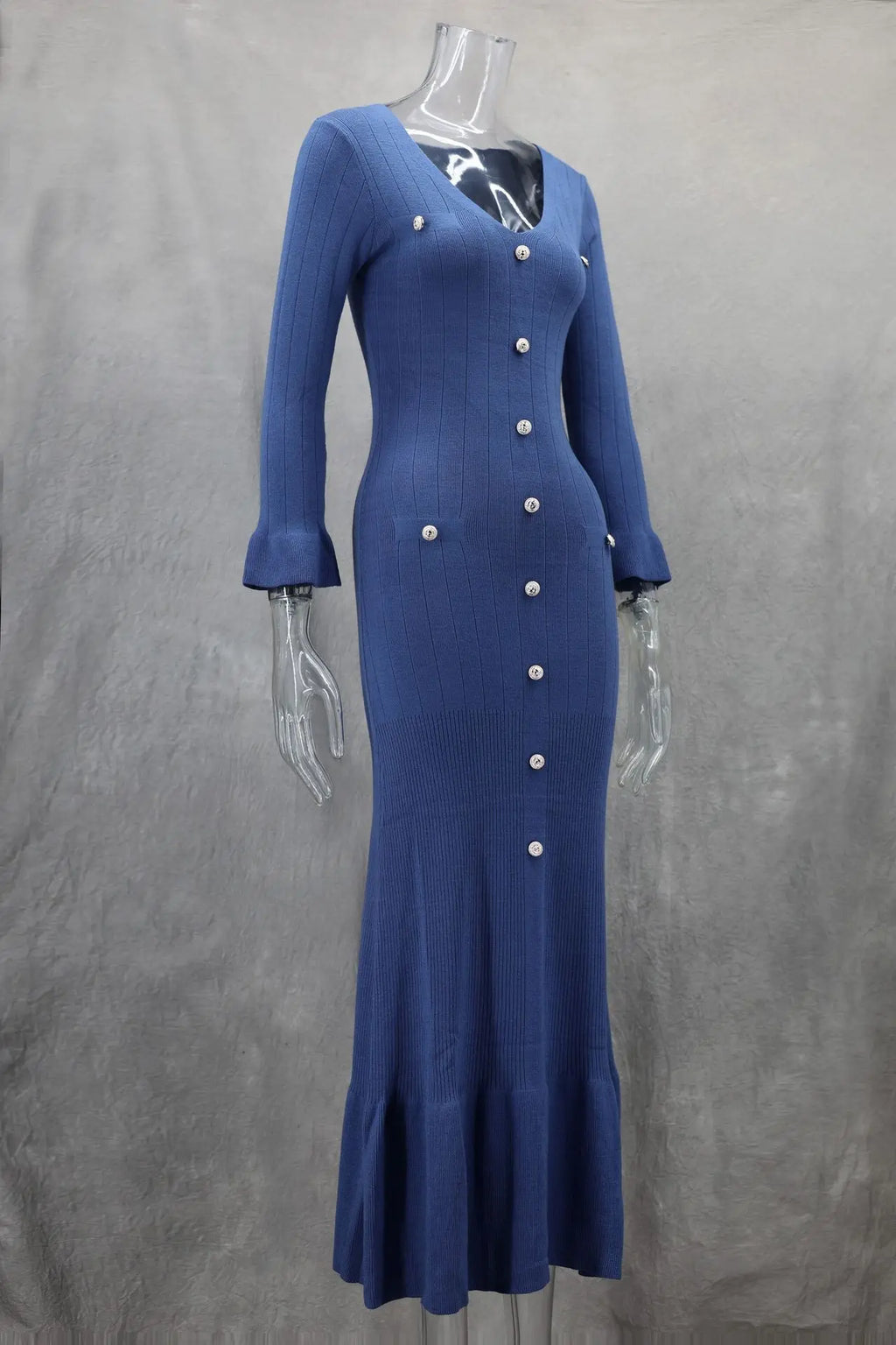 Tennessee Elegant Knitted Fashion V Neck Long Sleeves Slim Buttons Solid Color Long Dress