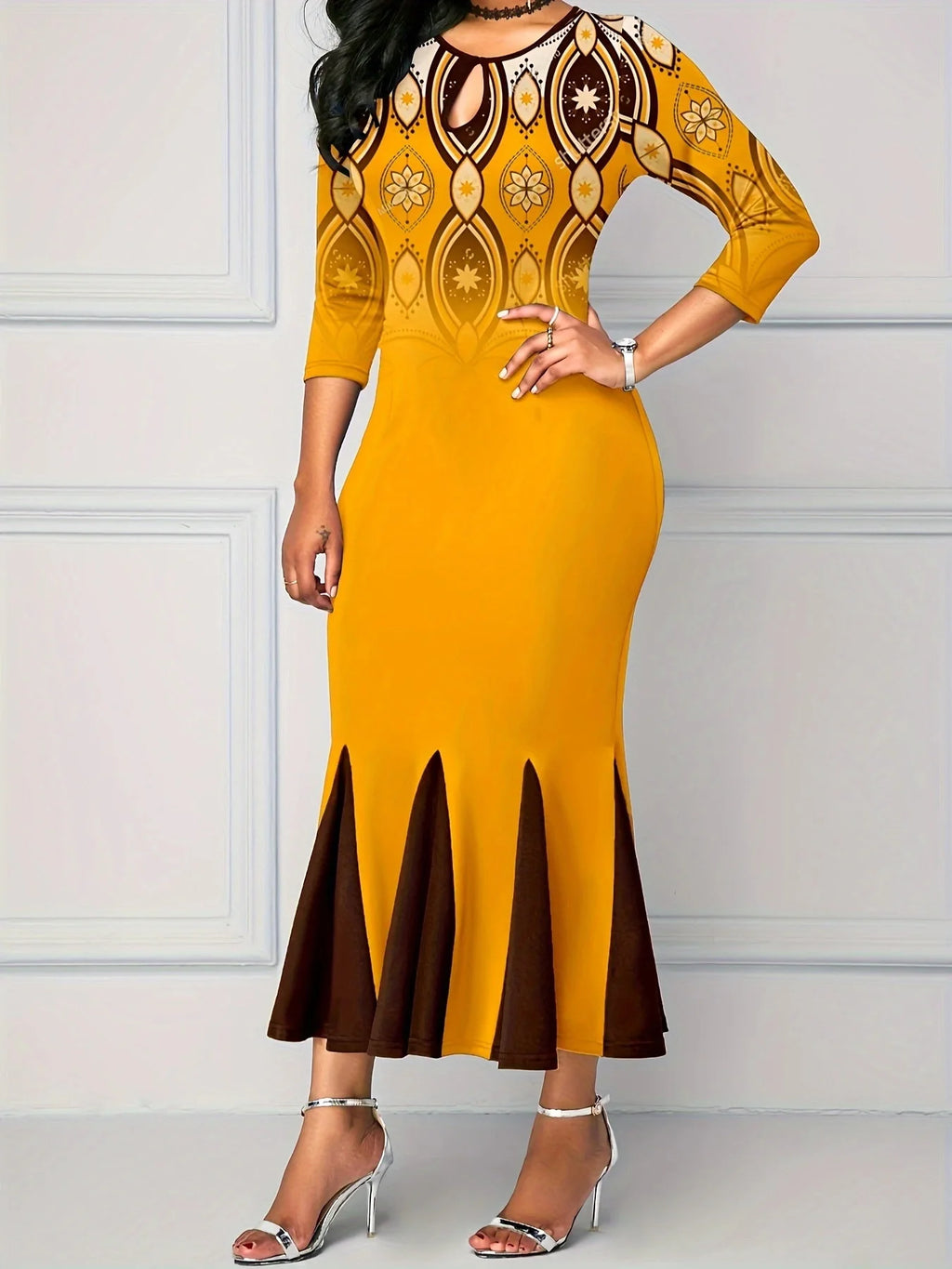 Rahway Tribal Print Mermaid Ginger Round Neck Bodycon Dress
