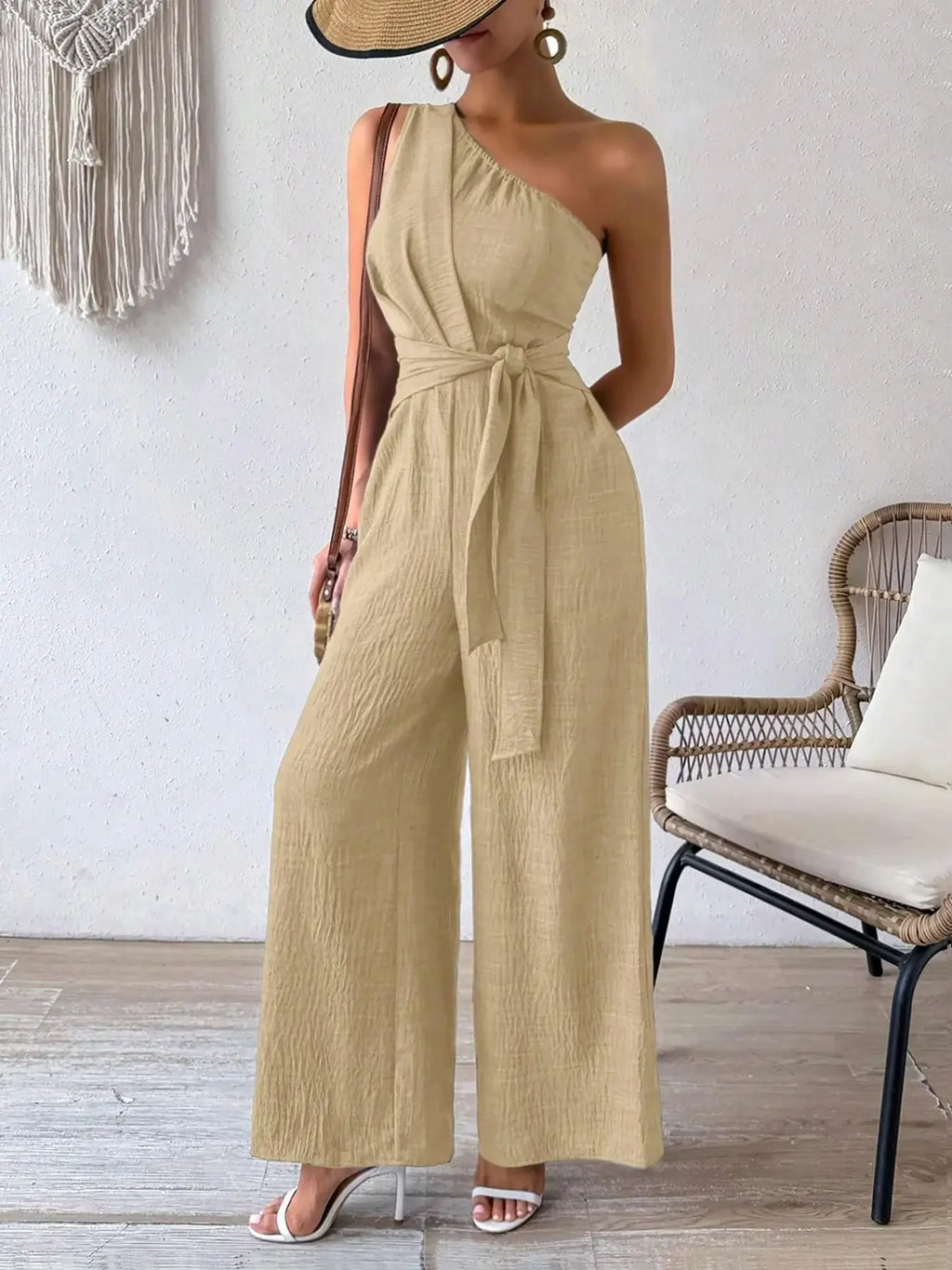Detroit Fashion Sleeveless Diagonal Collar High Waist Lace-up Wide Leg Jumpsuits