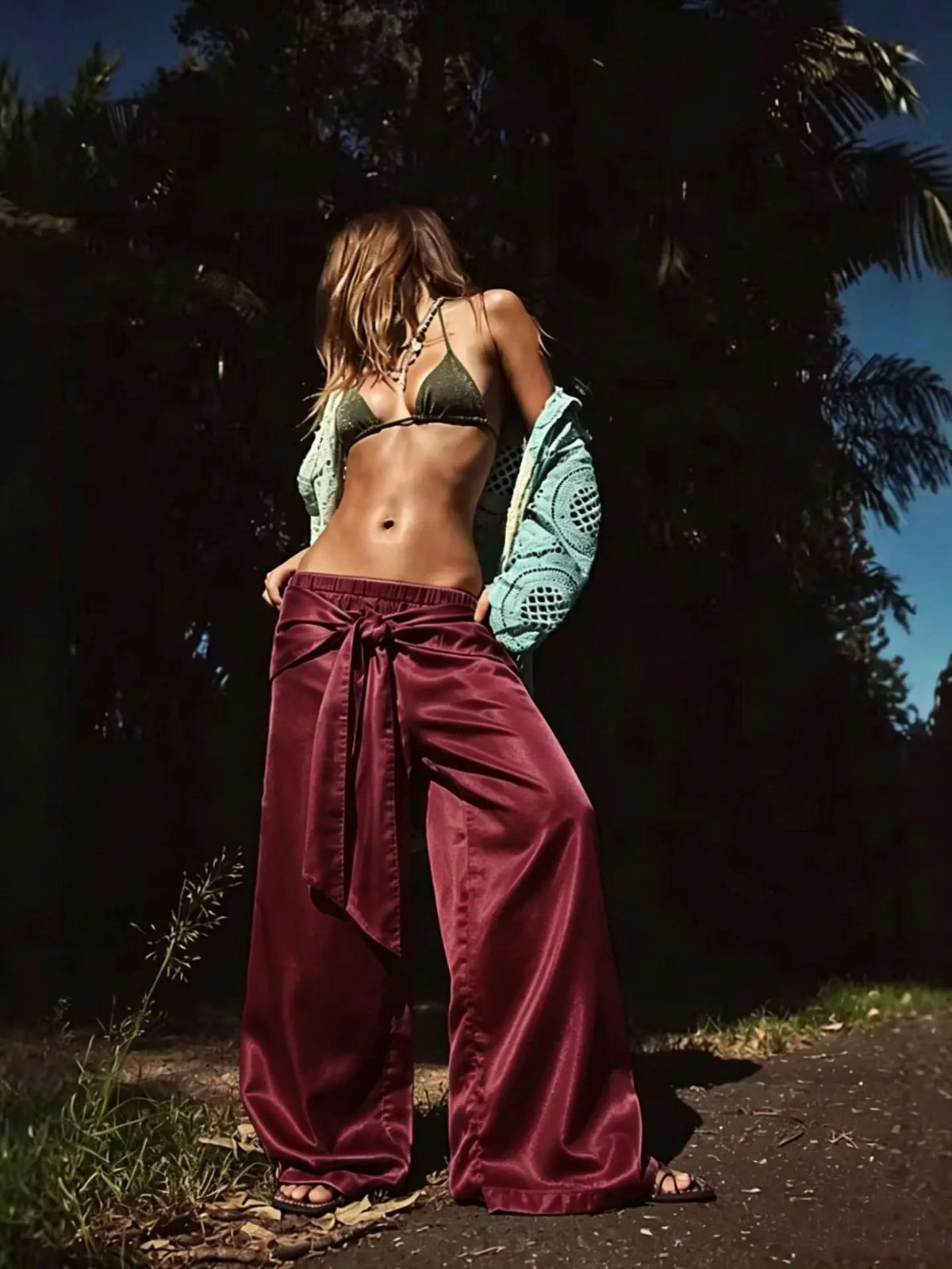 Boca Chica Tie Waist Foil Satin Wide Leg Boho Lazy Casual High Waist Pants