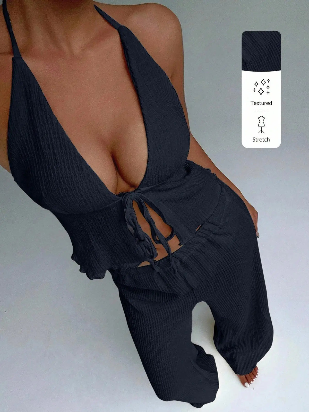 Rita Textured Neckline Deep V-Neck Two Piece Sets