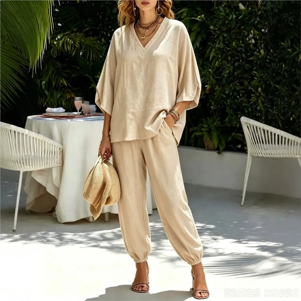 Bianca Loose Batwing Sleeve V Neck Two Piece Sets