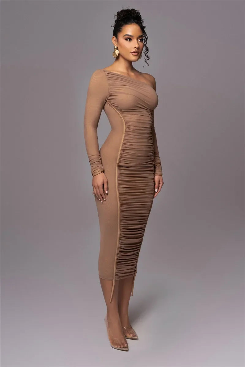 Dyker Heights Diagonal Collar Long Sleeve Mesh Backless Ruched Bodycon Midi Dress