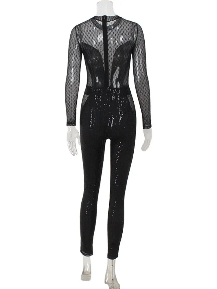 City Hall Mesh Squined Solid See Through O-Neck Regular Long Sleeves Skinny Jumpsuit