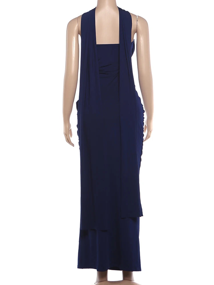 Madrid Folds Elegant Long Ribbon High Slit Chest Wrap Maxi Dress