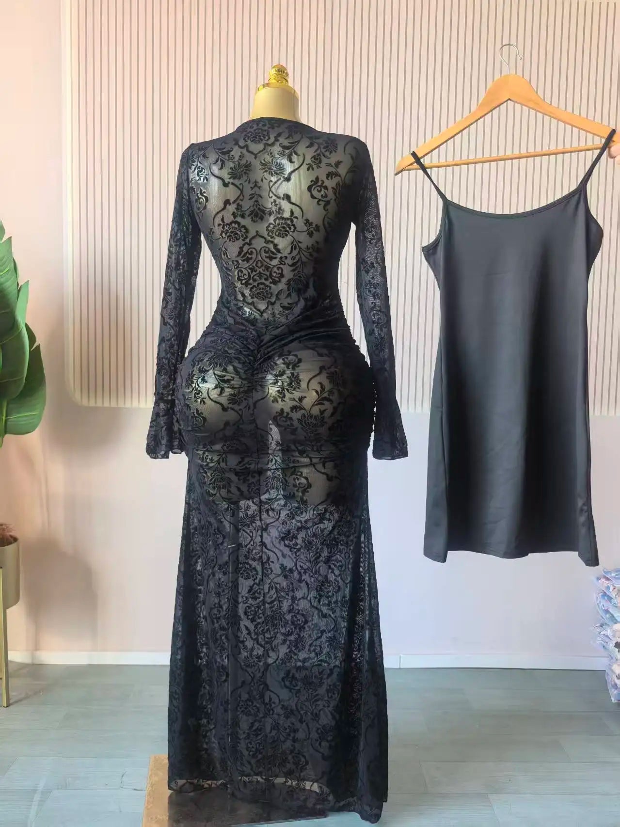 Peru Long Sleeve Stacked Mesh See Though with Lining Bodycon Long Dress