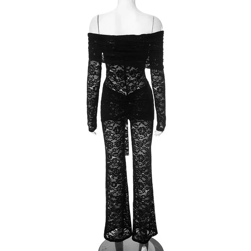 Westport Lace Sexy See Through Off-shoulder High Waist Club Party Jumpsuits