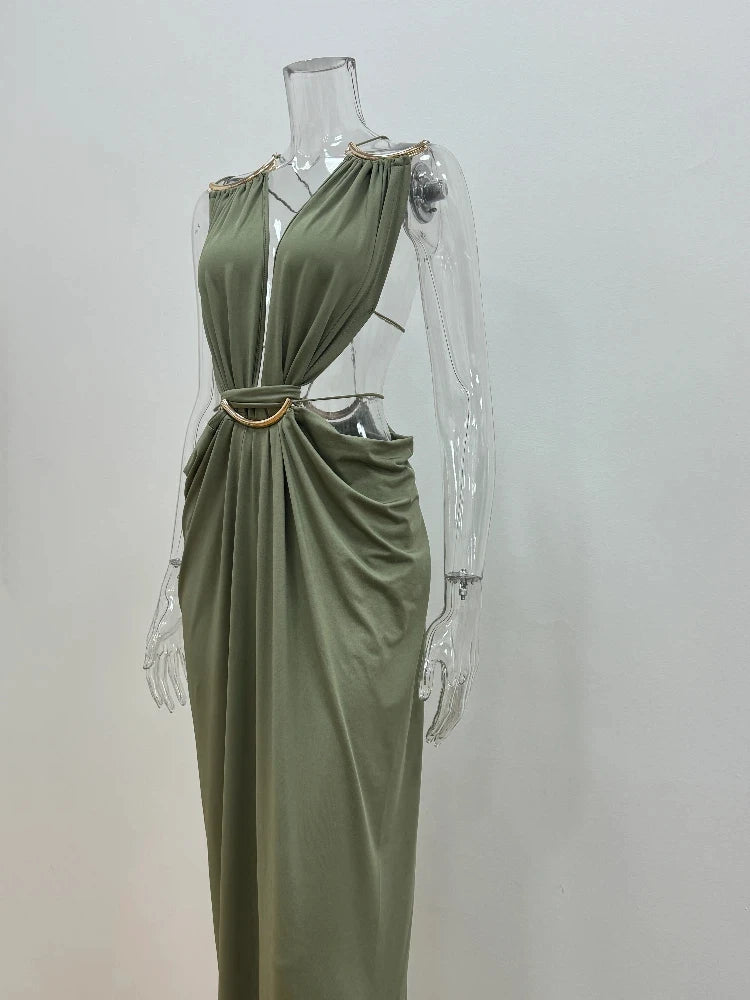 Solid Color Spaghetti Strap Sleeveless Sexy Deep V Cutout Waist Ruched Maxi Gown Dress