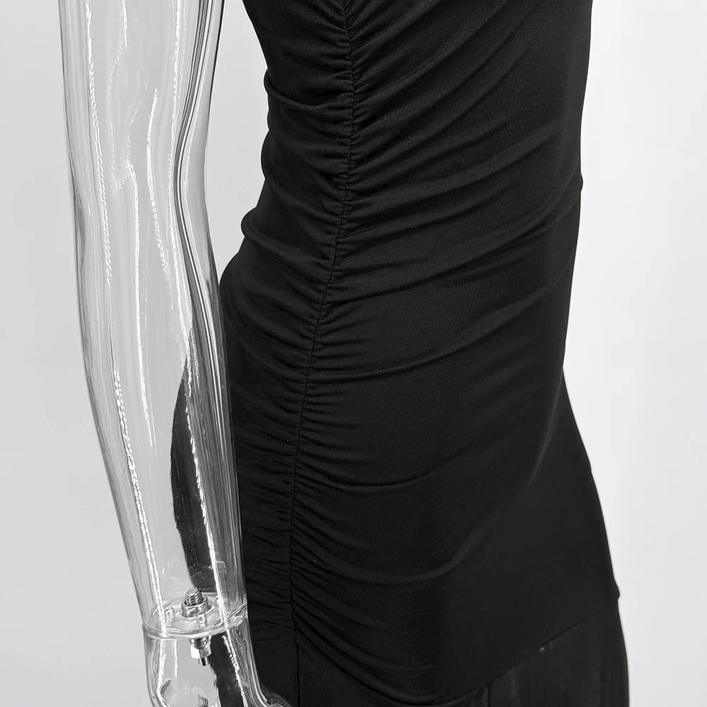 Helmetta Off Shoulder See Through Solid High Waist Patchwork Backless Slim Long Dress