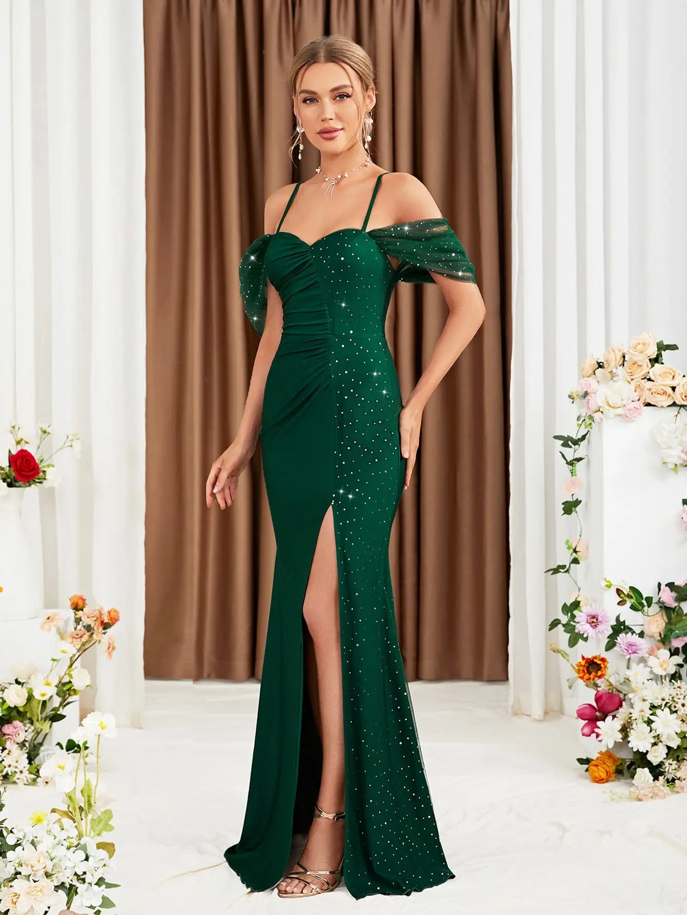 Habana Bridesmaid Sequined Adult One Side Slip Maxi Dress