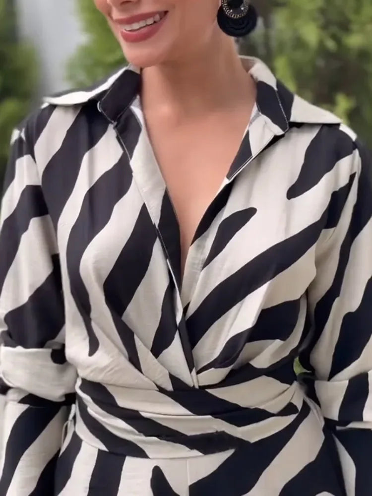 Troy Zebra Printed Wide Leg Lapel Jumpsuits Long Sleeves High Waisted